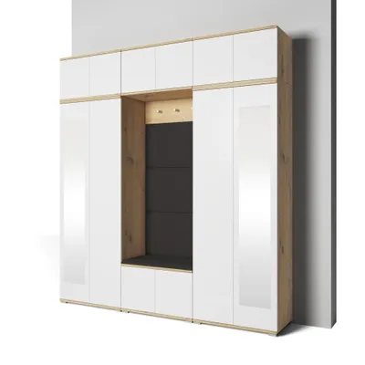 Produktbild von Garderoben-Set Aura Version 4: Kleiderschrank mit Polsterpaneelen, Hängeschrank für Flur und Eingangsbereich (Weiß / Eiche Artisan/Trinity 16)