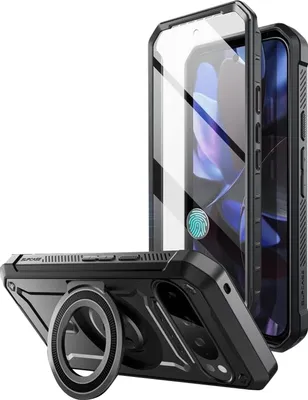 A black phone case with a ring holder is shown from a diagonal angle.