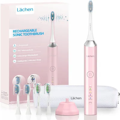 Produktbild von Lächen Elektrische Schallzahnbürste mit 5 Modi, 4 Bürstenköpfen, Reiseetui, USB-Ladung und 60 Tage Akku