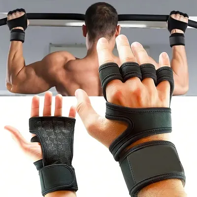 Produktbild von Sport Halbfinger-Handschuhe mit rutschfestem Silikon und Handgelenkstütze für Männer, Fitness-Handschuhe mit Druck, Größe ideal für Training - M
