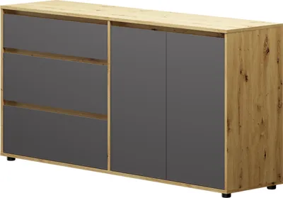 A modern sideboard with drawers and doors, presented against a white background.
