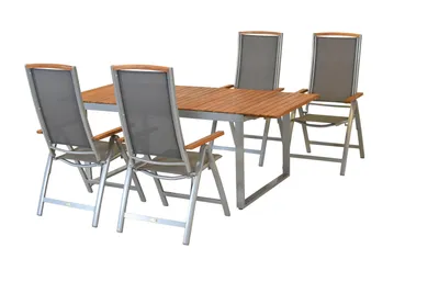 Produktbild von Merxx Gartenmöbel Set Siena 5tlg., 4 Klappsessel, Ausziehtisch 150 (200) x 90 cm, silber/grau - Aluminium/Textil/Akazie