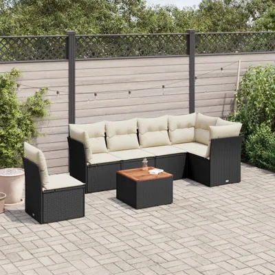 Produktbild von Design 7-tlg. Garten-Sofagarnitur mit Kissen Schwarz Poly Rattan, Gartenmöbel-Sets 2024 Neu