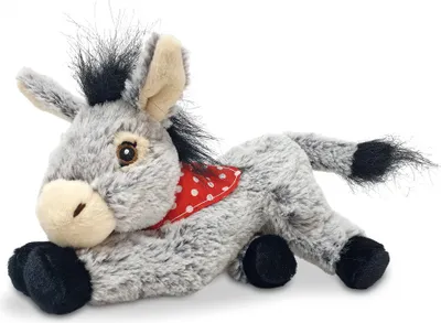 A plush toy donkey lying down on a white background.