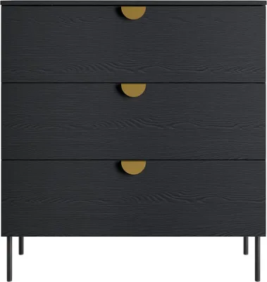Immagine prodotto di Comò MONDO – Nero strutturato e dorato – 3 cassetti – Piedi in metallo – Design moderno e funzionale