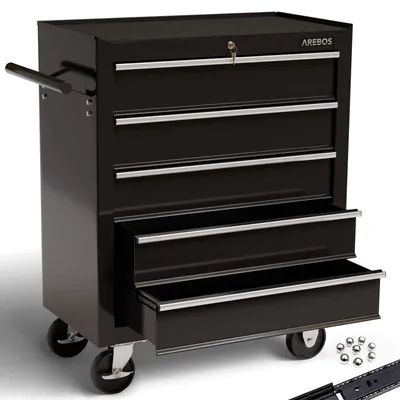 A black rolling tool chest with multiple drawers, shown on a white background.