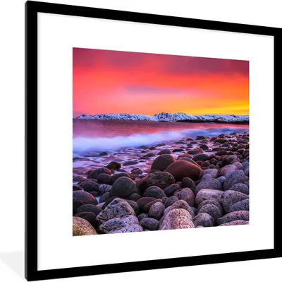 Produktbild von MuchoWow® Gerahmtes Poster Sonne - Steine - Schnee - Landschaft - Wasser 40x40 cm - Poster mit Schwarzem Bilderrahmen Wandposter Rahmen Foto Bilder - Poster - Plakat im Rahmen