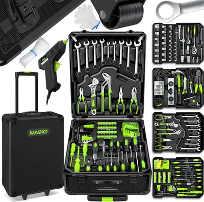 A collage of images showcasing a MASKO tool case and its contents, including various tools and accessories.