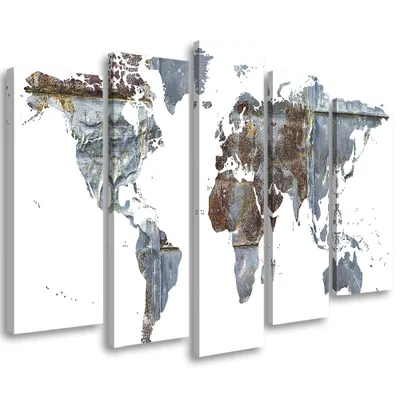 Produktbild von 5-teiliges leinwandbild weltkarte 150x100 cm Feeby grau wandbild bereit zum aufhängen