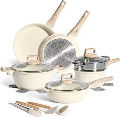 Image de Batterie de cuisine à induction, 14 pièces, revêtement antiadhésif, couvercles en verre, marron, panier vapeur