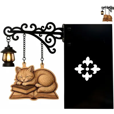 Produktbild von Vintage Bücherregallampe mit hölzerne Katze und leuchtende Laterne, Kabellose Dekorative Buchstütze Nachtlichter für Bücherregal, Wohnzimmer,Leseecke