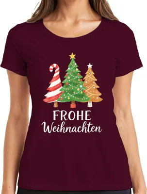 Produktbild von FROHE Weihnachten Weihnachtsbaum Tannenbaum Zuckerstange Lebkuche Damen T-Shirt, Burgundy, S
