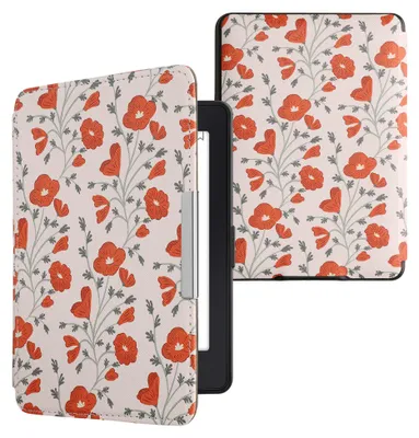 Produktbild von kwmobile Schutzhülle für Amazon Kindle Paperwhite Hülle - eReader Flip Case mit Auto Sleep Funktion - Mohnblumen mit Rot Grün Beige