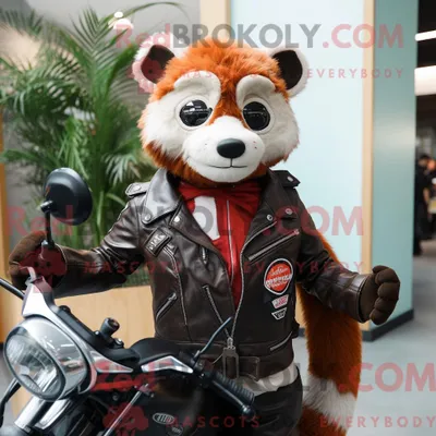 Produktbild von Roter REDBROKOLY Panda Maskottchen Kostüm Figur gekleidet mit einer Bikerjacke und Krawatten