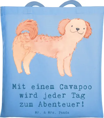 Produktbild von Mr. & Mrs. Panda Jutebeutel Cavapoo Abenteuer - Sky Blue - Geschenk, Shopping Tasche, Schultasche, Hunderassen Eigenschaften, Freundlichkeit, Hunde, Uni, treuer Freund