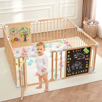Productafbeelding van Houten babybox – Uitbreidbare speelbox en kinderbox met deur en krijtbord – 180x200 cm