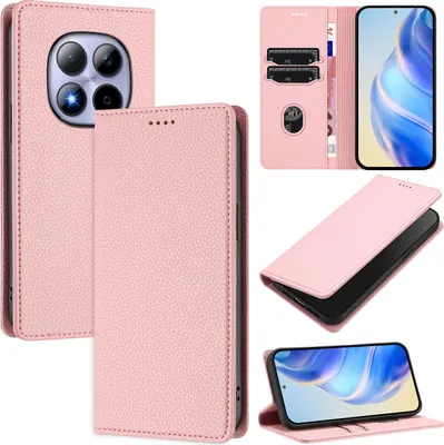 Image de Étui en cuir pour Xiaomi Redmi Note 15 Pro 4G, cuir Litschi, étui portefeuille avec compartiments pour cartes et support Rose