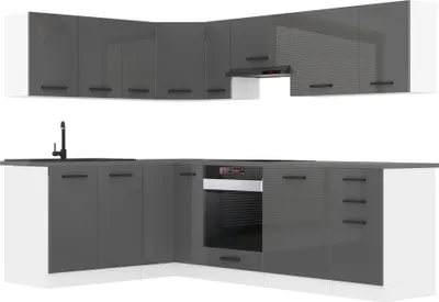 Produktbild von Belini Küchenzeile Küchenblock Küche L-Form JANET Küchenmöbel mit Griffe, Einbauküche ohne Elektrogeräten mit Hängeschränke und Unterschränke, ohne Arbeitsplatten, Silber Hochglanz
