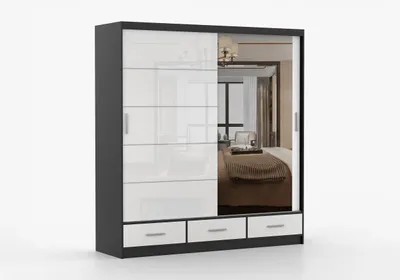 Produktbild von FRENCE Schwebetürenschrank Kleiderschrank 200 cm Schwarz Matt/Weiß Hochglanz mit Spiegel, Schubladen, Schiebetürenschrank