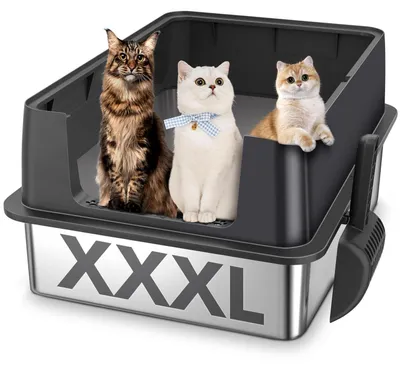 Immagine prodotto di Lettiera per gatti in acciaio inossidabile, dimensioni XXXL, con bordo alto, 70x50x30 cm, colore nero, inclusa tappetino assorbente e paletta