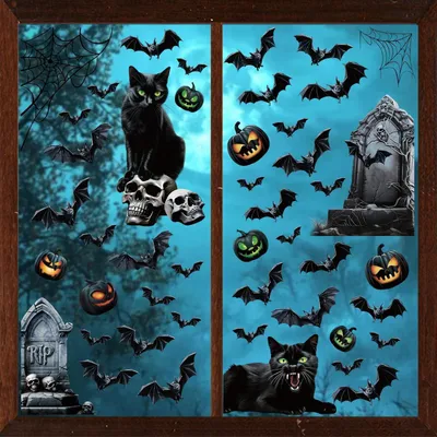 Immagine prodotto di Adesivi per finestre a tema Halloween, 8 pezzi, autoadesivi, decorazioni 3D a forma di gatto