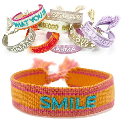 Produktbild von LS-LebenStil Canvas Statement Armband Smile Orange Türkis besticktes Stoffarmband gewebt textiles Quasten Spruch Boho Geschenk Freundschaftsarmband