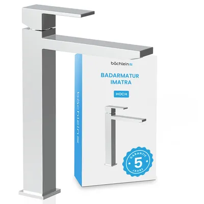 Produktbild von Bächlein Wasserhahn hoch fürs Bad in kantigem Design – extra hohe Armatur mit 215mm Auslaufhöhe für Aufsetzwaschbecken, Waschtischarmatur hoher Auslauf