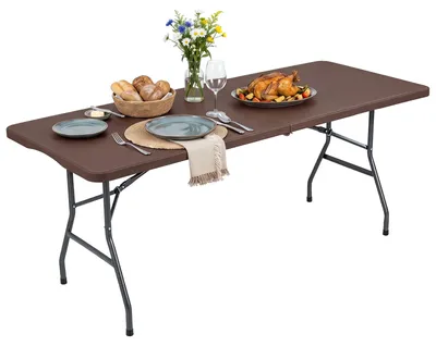 Obrázok produktu pre COSTWAY, skladací campingový stôl, 180x74 cm, záhradný stôl pre 6-8 osôb, bufetový stôl, skladací stôl s doskou z umelého ratanu a rúčkou na prenášanie, hnedý
