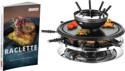 Produktbild von Unold 48926 Raclette Multi 4 in 1 inkl. Raclette Rezeptbuch mit 50 Rezepten | Raclette-Grill für 8 Personen, wendbarer Antihaft-Grillplatte, 1300W