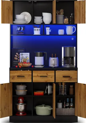 Produktbild von Flieks Küche Hochschrank Küchenbuffet mit Ladefunktion (Steckdosen&USB), Küchenschrank Buffetschrank Buffetständer mit Led, Küchenbuffet Schrank Braun