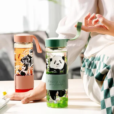 Immagine prodotto di Bottiglia di vetro da 620 ml - 2 pezzi bottiglia per bere panda regalo - Senza BPA - Fitness sport - Lavabile in lavastoviglie