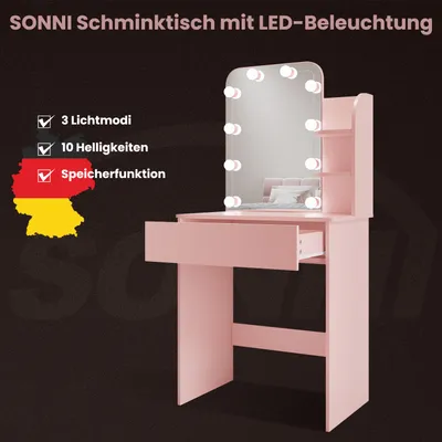 Image de SONNI 70x40x140cm rose Coiffeuse avec commode avec miroir à ampoules tricolores à luminosité réglable Coiffeuse compacte