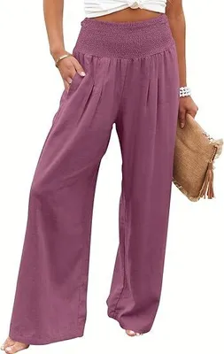 Produktbild von Damen Leinen Palazzo Hose Sommer Boho Weites Bein Hoher Bund Freizeit Hose mit Taschen