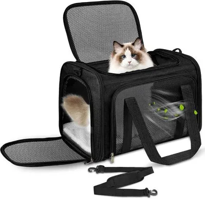 Obrázek produktu pro Přenosná přepravka pro kočky a psy, skládací, rozměry: délka 50 cm, šířka 34 cm, výška 34 cm, černá barva, vhodná pro střední plemena psů