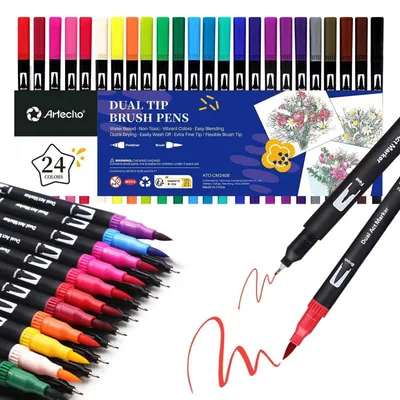 Obrázek produktu pro Sada fixů s dvojitou špičkou, 24 barev, fixy s hustou a tenkou špičkou, štětcové fixy pro bullet journal, kaligrafii, mangu, omalovánky a ruční písmo