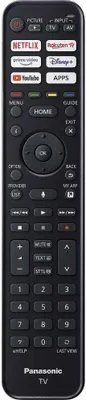A black remote control for a Panasonic TV is shown against a black background.