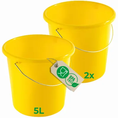 Produktbild von Novaliv 2 Stück Eimer 5L Gelb mit Maßeinteilung - Putzeimer 5 Liter ⌀ 22,5 cm Praktischer Allrounder mit Skala für Haushalt & Garten ideal als Haushaltseimer, Wassereimer, Wischeimer, Bucket