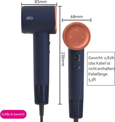Produktbild von AINA Haartrocknerdüse für Damen, bürstenloser Motor, 160.000 U/min, Ionen-Föhn, Hochgeschwindigkeitstrockner (3A Blau)