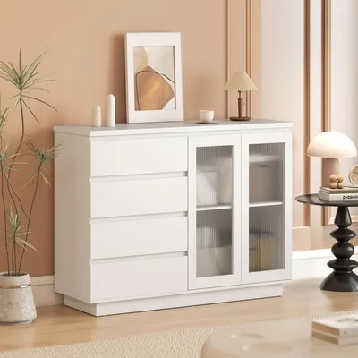 Image de Buffet moderne blanc, 120x40x91 cm. Buffet avec 4 tiroirs et 2 portes en verre, commode en panneaux de bois pour salon, cuisine et salle à manger