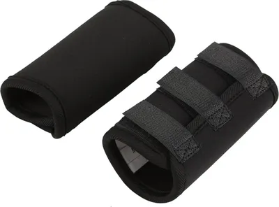 Two black dog leg braces are shown against a white background. One brace is a simple sleeve, while the other has adjustable velcro straps.