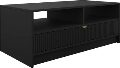 A black coffee table with a drawer and open shelving.