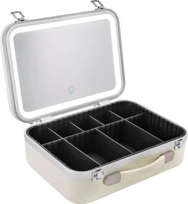 Produktbild von Kosmetikkoffer - Reise-Schminkkoffer mit Spiegel & LED-Licht - Maße 34×24×12 cm - Drei Farbtemperaturen 3500K/4600K/6500K - USB-Ladung 2000 mAh Akku - Weiß
