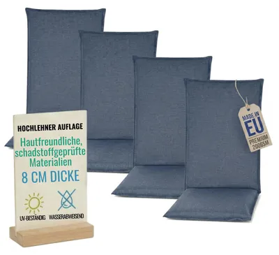Produktbild von Pillows24 - 4x Hochlehner Auflagen 120x50x8 cm | Bequeme & Wetterfeste Gartenstuhlauflagen | Polster Sitzkissen für  Gartenmöbel |   EU | Blau