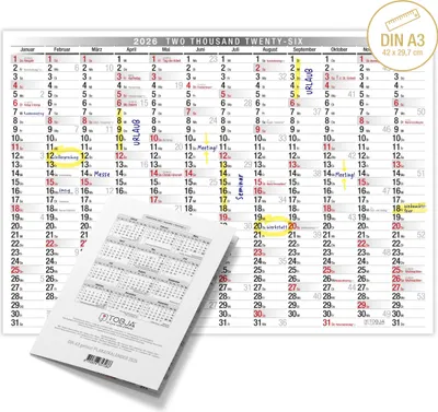 Produktbild von TOBJA Wandkalender 2026 A3 - Übersichtlicher Kalender 2026 mit Feiertagen und Wochennummern. Jahreskalender 2026 DIN A3 30 x 42 cm