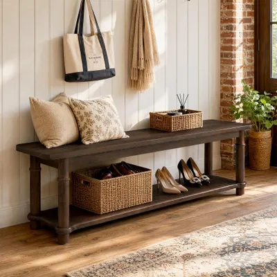 Immagine prodotto di Panca da 140 cm per l'ingresso, mobiletto a due ripiani per scarpe in legno massello, panca stretta in stile rustico per corridoio, ingresso o guardaroba, in noce