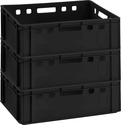 Produktbild von Fleischkisten E2 60x40x20cm Lagerkiste Eurobox aus Deutschland lebensmittelecht, robust, stapelbar , Variante:schwarz 3x
