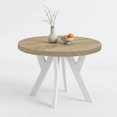 Produktbild von Dekori Runder Ausziehbarer Esstisch für Esszimmer, Wohnzimmer PERO, Loft-Stil, Skandinavische, Durchmesser: 90 / 140 cm, Farbe: Sonoma / Weiss