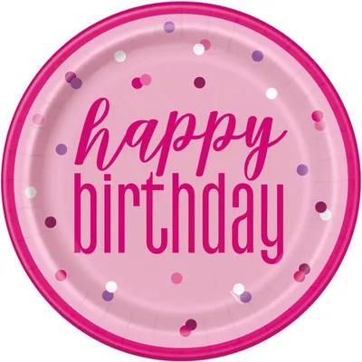 Produktbild von 8 grosse Teller Happy Birthday rosa & silber