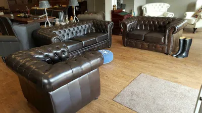 Zdjęcie produktu dla Zestaw wypoczynkowy Chesterfield – skórzana sofa, kanapa, tapicerka ze 100% prawdziwej skóry, 3+2+1