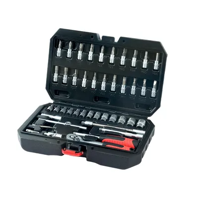 Produktbild von 1/4" Umschalt-Ratschen-Werkzeugsatz (46-teilig) Steckschlüssel-Satz mit Verlängerungen & Kardangelenk